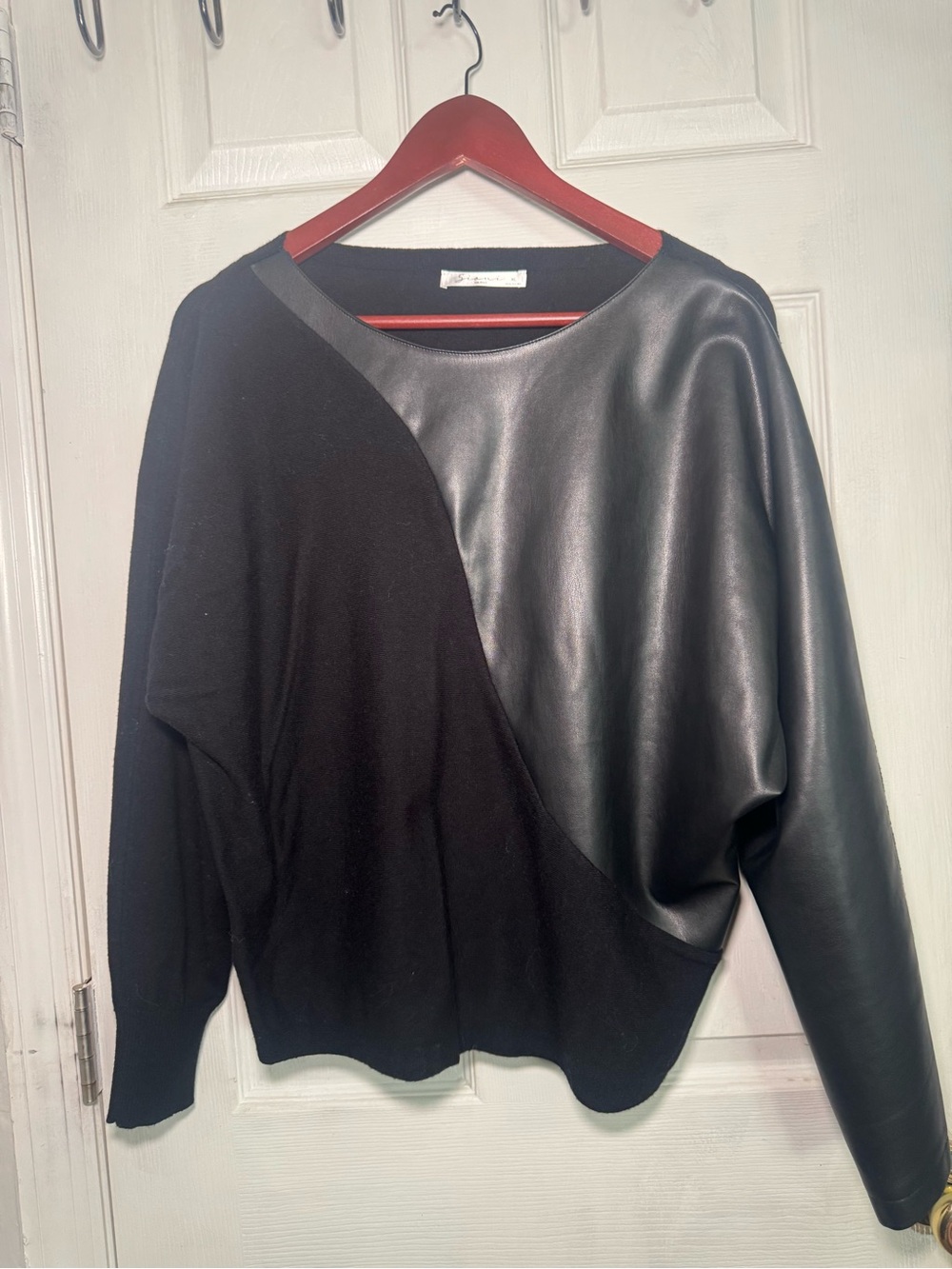 Sioni Black Mixed-Media Crew Neck Sweater with Faux Leather Panel